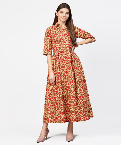 Yellow & Red printed half sleeve cotton maxi dress