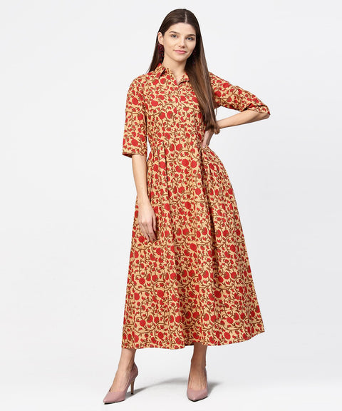 Yellow & Red printed half sleeve cotton maxi dress