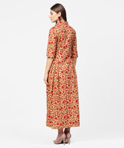 Yellow & Red printed half sleeve cotton maxi dress