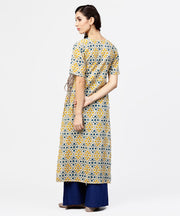Yellow printed half sleeve cotton straight kurta with dori work