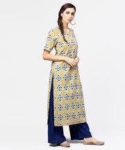 Yellow printed half sleeve cotton straight kurta with dori work