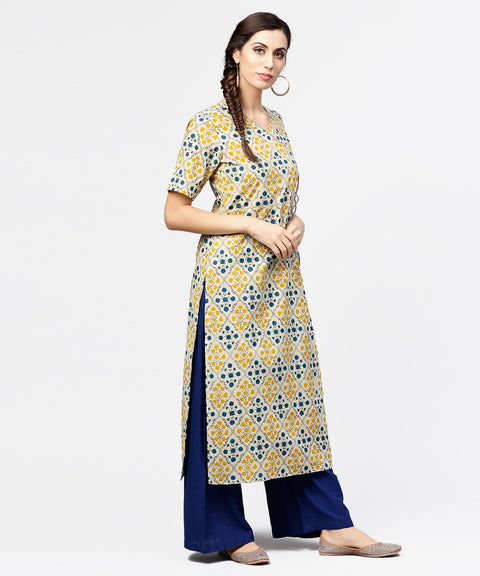 Yellow printed half sleeve cotton straight kurta with dori work