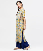 Yellow printed half sleeve cotton straight kurta with dori work