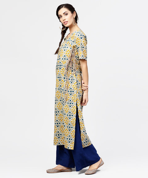Yellow printed half sleeve cotton straight kurta with dori work
