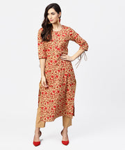 Yellow & Red printed 3/4th sleeve straight cotton kurta