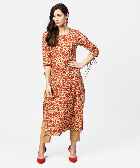 Yellow & Red printed 3/4th sleeve straight cotton kurta