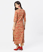 Yellow & Red printed 3/4th sleeve straight cotton kurta