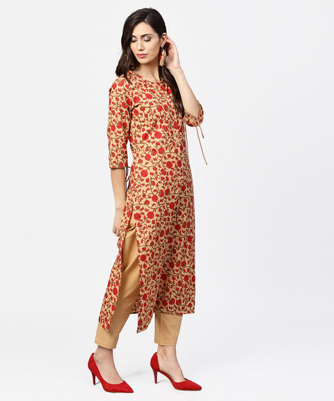 Yellow & Red printed 3/4th sleeve straight cotton kurta