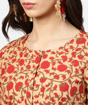 Yellow & Red printed 3/4th sleeve straight cotton kurta