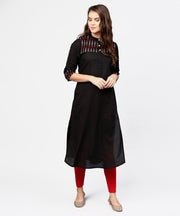 Black 3/4th sleeve yoke printed straight kurta