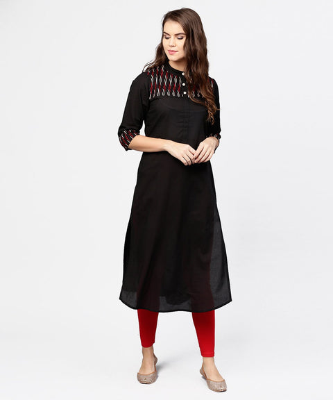 Black 3/4th sleeve yoke printed straight kurta