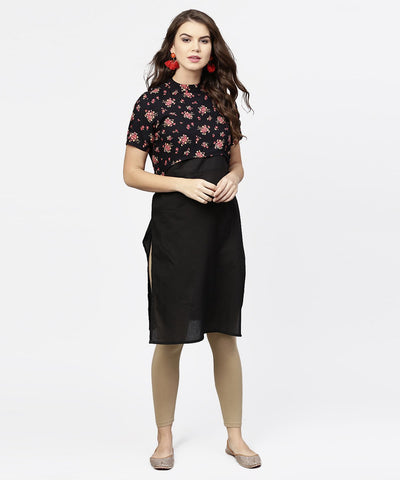 Aasi - House of Nayo Black sleeveless cotton kurta with printed half sleeve jacket
