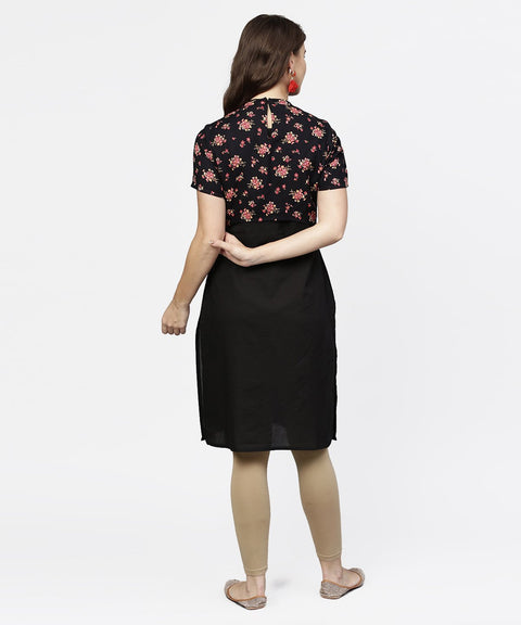 Aasi - House of Nayo Black sleeveless cotton kurta with printed half sleeve jacket
