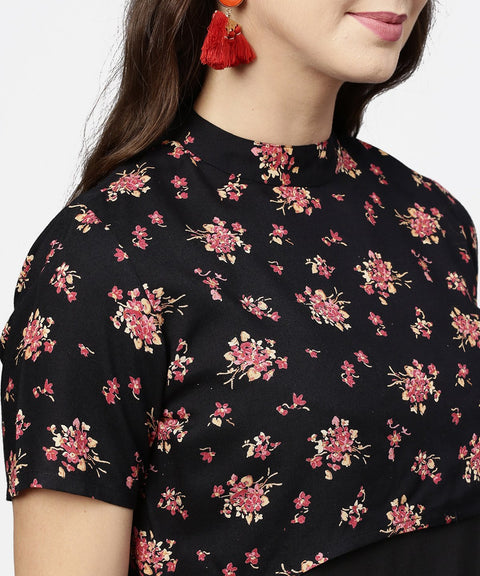 Aasi - House of Nayo Black sleeveless cotton kurta with printed half sleeve jacket