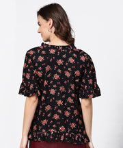 Black printed half sleeve cotton tops