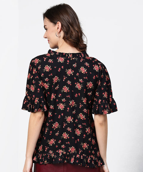 Black printed half sleeve cotton tops