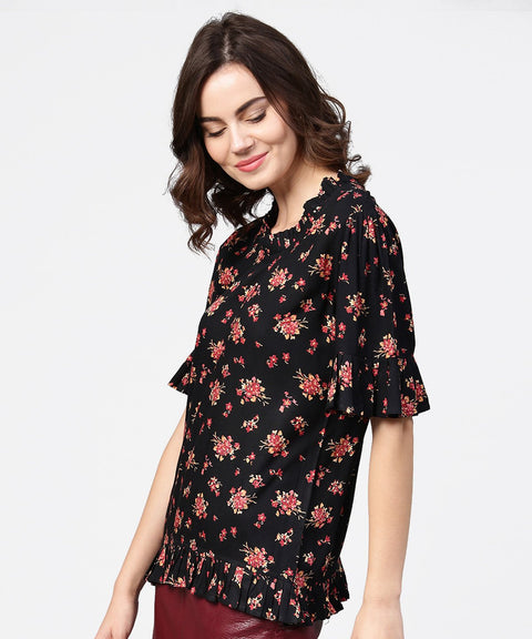 Black printed half sleeve cotton tops