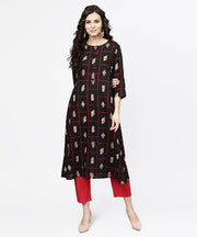 black printed 3/4th sleeve cotton kurta