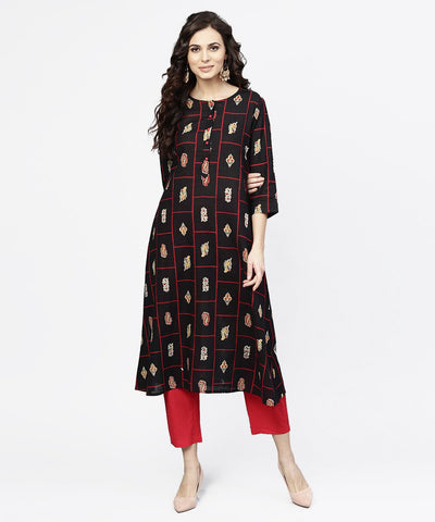 black printed 3/4th sleeve cotton kurta