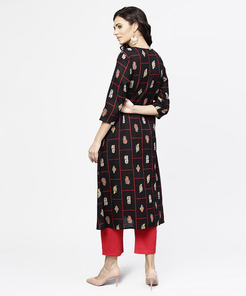 black printed 3/4th sleeve cotton kurta