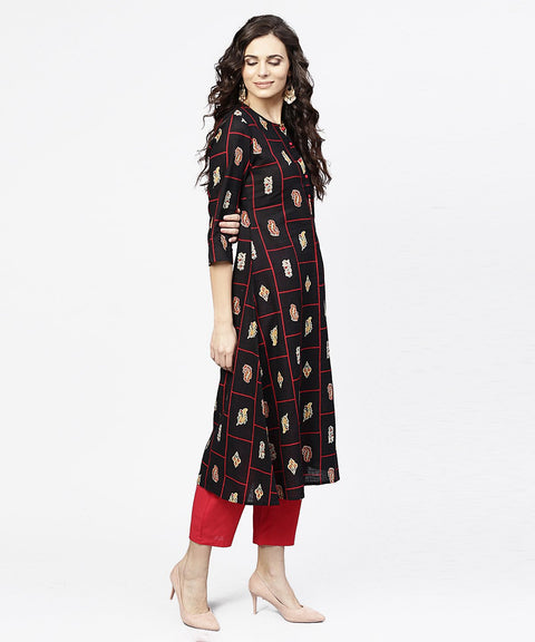 black printed 3/4th sleeve cotton kurta