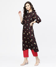 black printed 3/4th sleeve cotton kurta