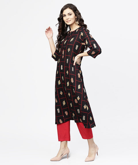 black printed 3/4th sleeve cotton kurta
