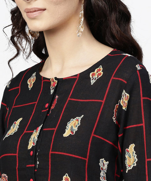 black printed 3/4th sleeve cotton kurta