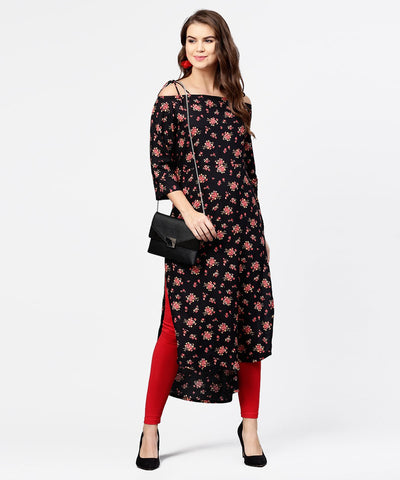 Black printed 3/4th sleeve cotton kurta