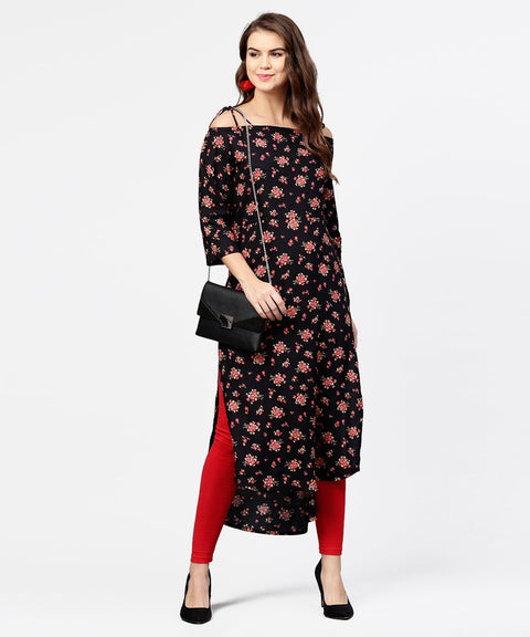 Black printed 3/4th sleeve cotton kurta