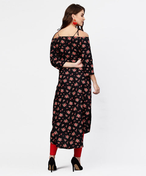 Black printed 3/4th sleeve cotton kurta