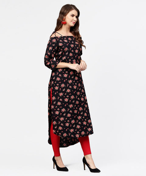 Black printed 3/4th sleeve cotton kurta