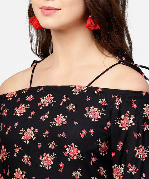 Black printed 3/4th sleeve cotton kurta