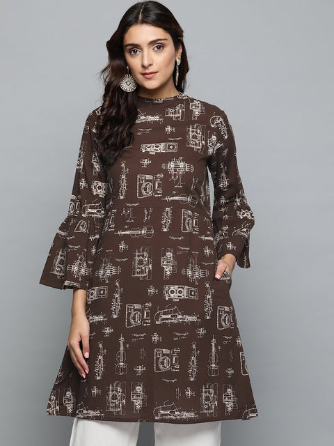 Aasi - House of Nayo Brown Printed A-line dress with Roll collar & flared sleeves