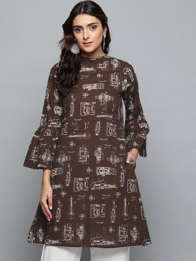 Brown Printed A-line dress with Roll collar & flared sleeves