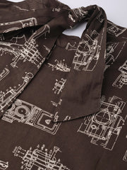 Brown Printed A-line dress with Roll collar & flared sleeves