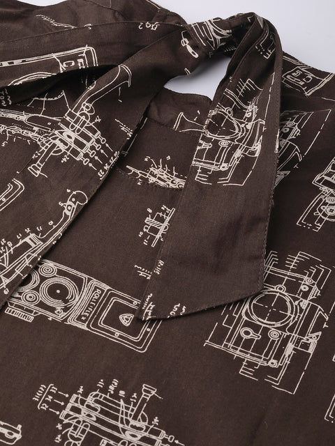 Brown Printed A-line dress with Roll collar & flared sleeves