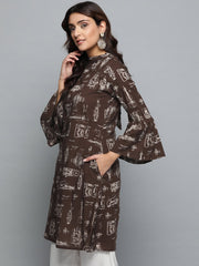 Brown Printed A-line dress with Roll collar & flared sleeves