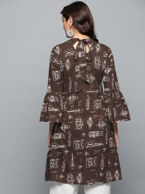 Aasi - House of Nayo Brown Printed A-line dress with Roll collar & flared sleeves