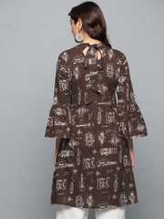 Brown Printed A-line dress with Roll collar & flared sleeves