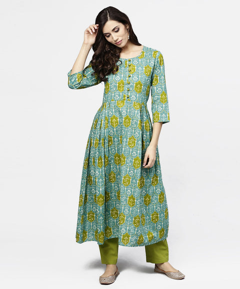 Blue 3/4th sleeve Cotton A-line kurta