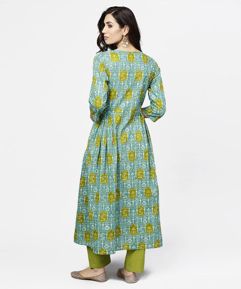 Blue 3/4th sleeve Cotton A-line kurta