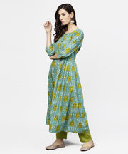Blue 3/4th sleeve Cotton A-line kurta