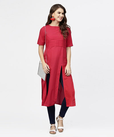 Maroon half sleeve cotton multi slit kurta