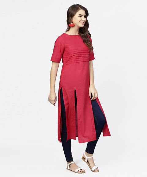 Maroon half sleeve cotton multi slit kurta