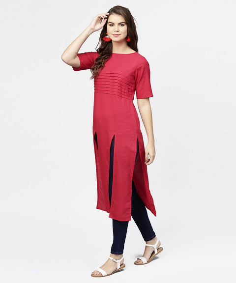 Maroon half sleeve cotton multi slit kurta