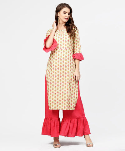 Yellow & Red printed 3/4th sleeve cotton kurta with sharara