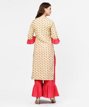 Yellow & Red printed 3/4th sleeve cotton kurta with sharara