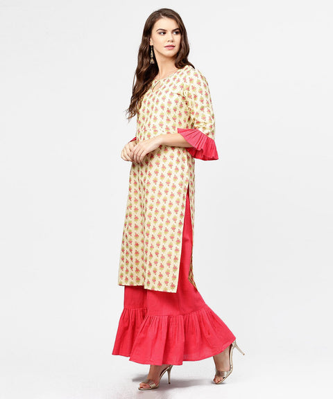 Yellow & Red printed 3/4th sleeve cotton kurta with sharara