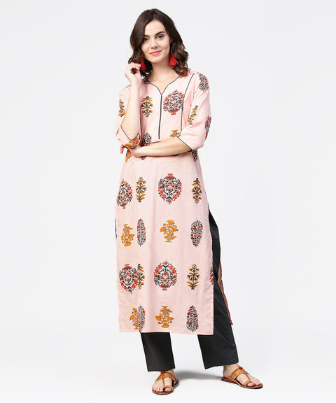 Women Beige & Maroon Printed Straight Kurta